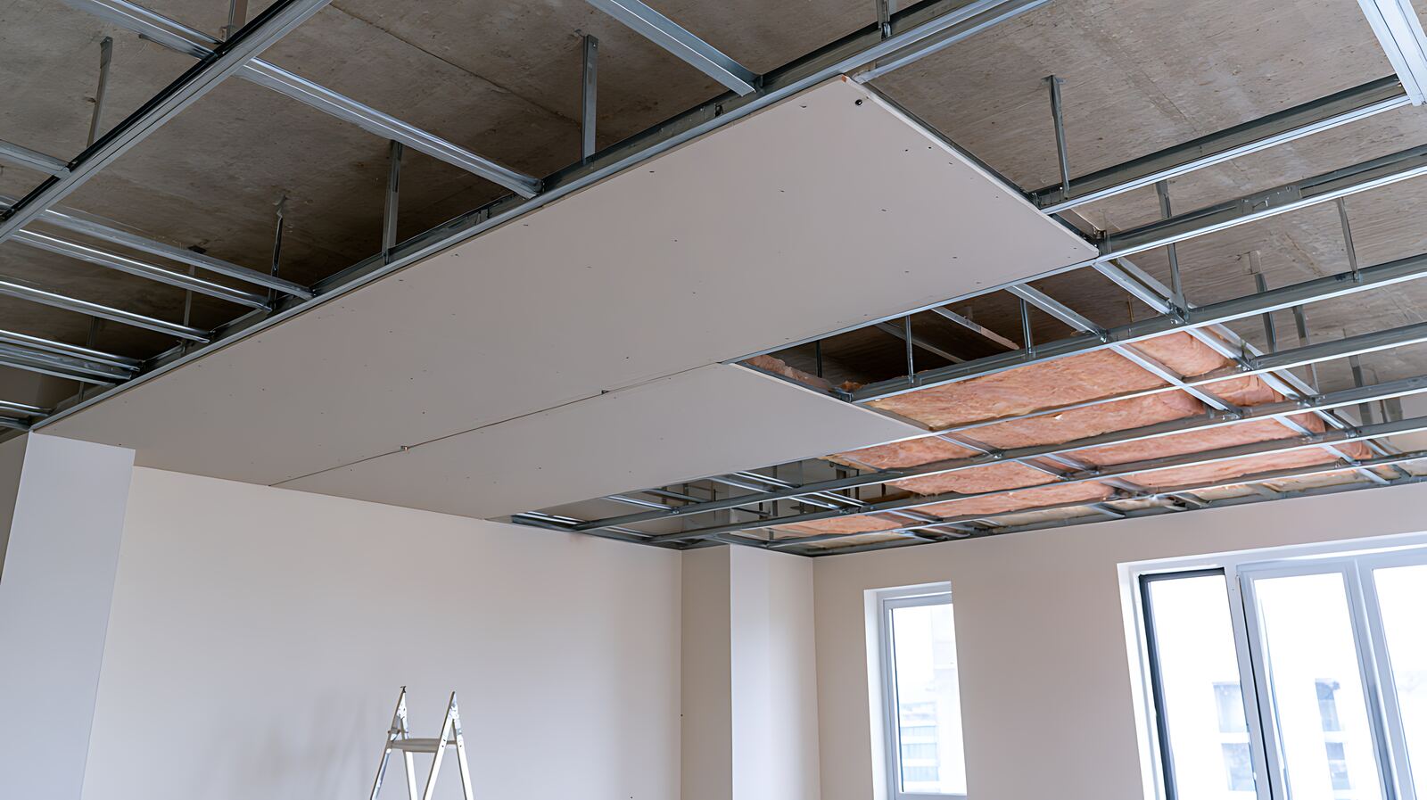 Drywall ceiling panels being installed on metal framing in a commercial interior