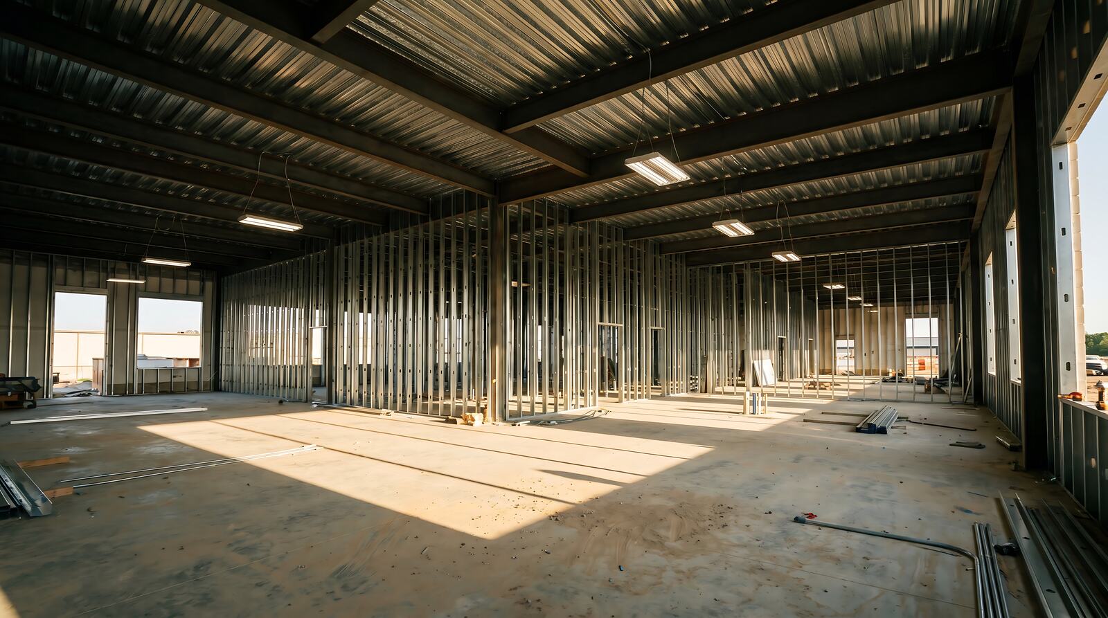 Steel stud wall framing inside a commercial building under construction
